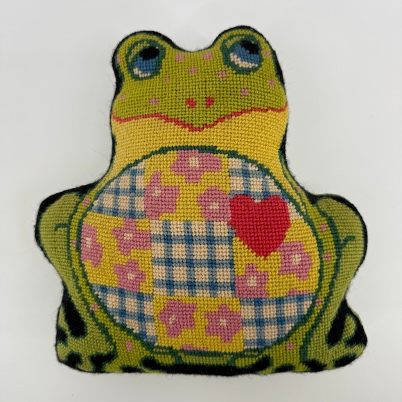 Other - Vintage 1976 Handmade Needlepoint Frog Pillow 11x11 Signed FN 76 Velveteen Back